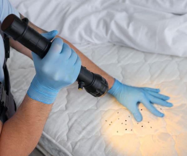 Bettwanzen-Kontrolle mit UV-Lampe auf der Matratze